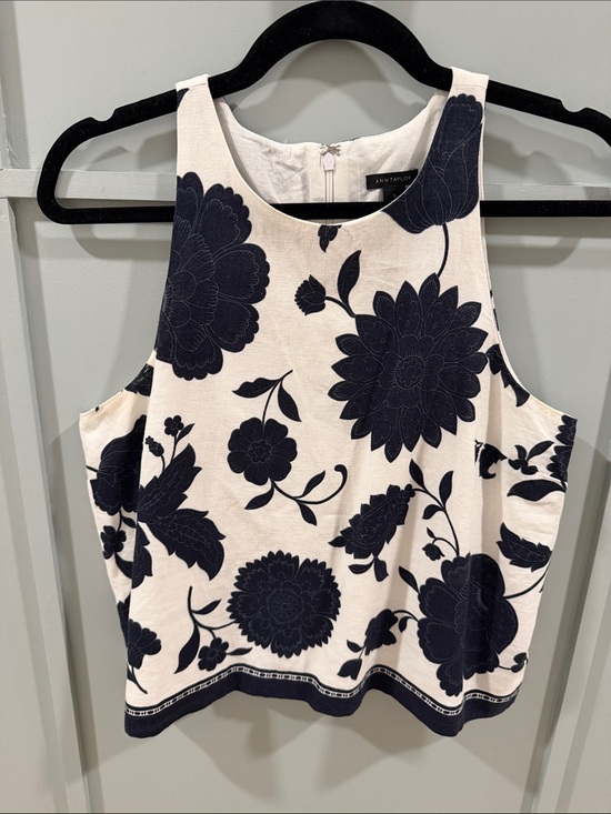 Ann Taylor Tops - Ann Taylor Cream Tank with Navy Floral Motif